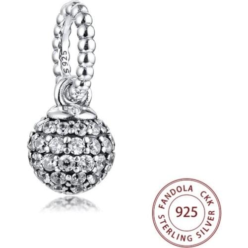 Fits Pandora Bracelet 925 Sterling Silver Clear CZ Pave Ball Charms Pendant Crystal Beads for Jewelry Making Kralen Perle
