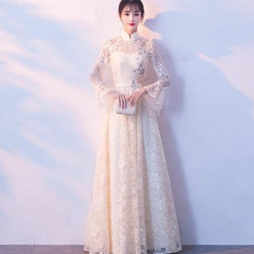 Sexy lace embroidered Evening Dress Long Trumpet sleeve Stand collar Elegant Formal Gowns Zipper robe de soiree qipao