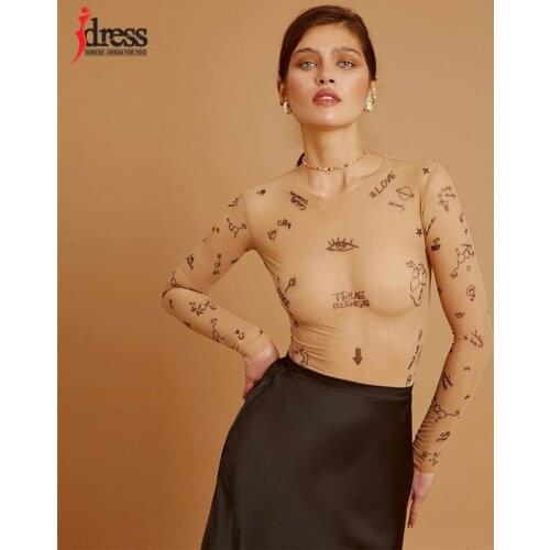 IDress Sexy Mesh Print Bodysuit 2021 Womens Fashion Spring One Piece Body Women Long Sleeve O Neck Party Bodysuits Streetwear