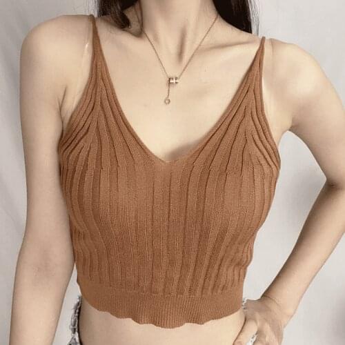 Knitted Hot Women High Waist Sling Girl Short Style Solid Color Ladies Comfort Slimming Vest Sexy V-neck Knit Vest Crop Tops