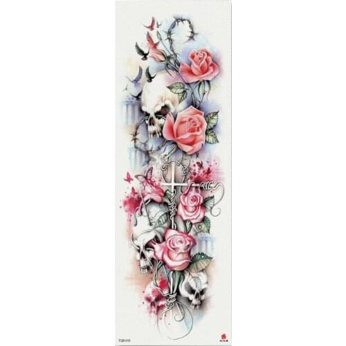 1 Piece Temporary Tattoo Sticker Cross Skull Roses Pattern Full Flower Tattoo with Arm Body Art Big Large Fake Tattoo