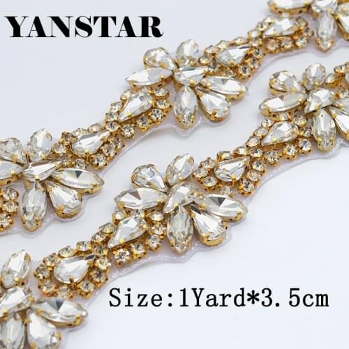 YANSTAR 3.5CM*5Yards Rhinestones Appliques Iron On Wedding Dress Crystal Rhinestones Appliques trim for Bridal Accessory YS974