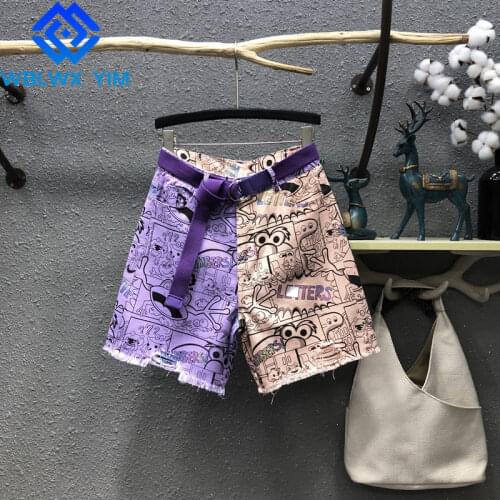 2021 Summer High waist Denim Shorts Women Cartoon Print Fashion Patchwork Hole Jeans Shorts Loose Straight Short Pants Female