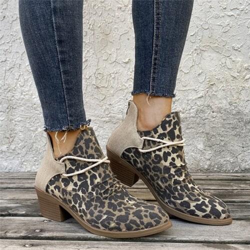 Female Autumn Short Boots PU Slip On High Heel Fashion Chelsea Boots Leopard Patchwork Shallow Ladies Shoes