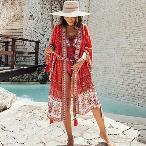 AYUALIN beach wear cover up boho dress 2020 cotton red floral print summer robe kimono sleeve long swim vestidos women dresses