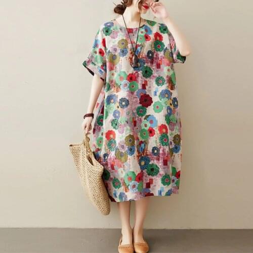 Oversize Cotton Linen Summer Beach Dress Women Plus Size 4XL 5XL 6XL Flowers Print Long Dress Sundress Female Vestido 2021 New