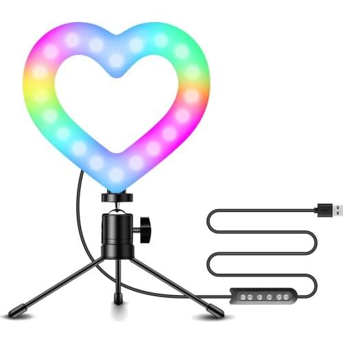 6" Heart-Shaped Selfie RGB Ring Light USB Beauty Desktop Light for Smartphone YouTube TikTok Self-Portrait Shooting with Tripod