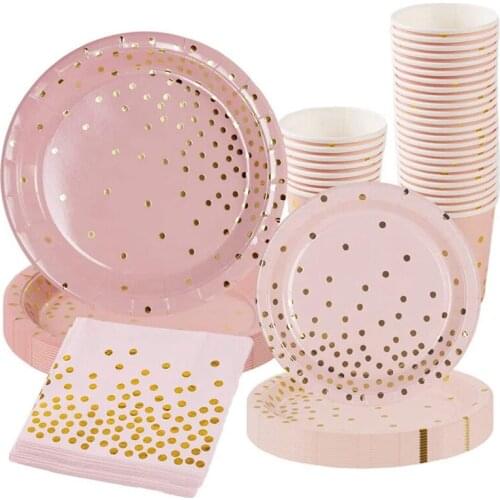 96 Pcs Pink Gold Dot Party Tableware Paper Plates and Napkins Cups for Wedding Bridal Shower Engagement Birthday Party