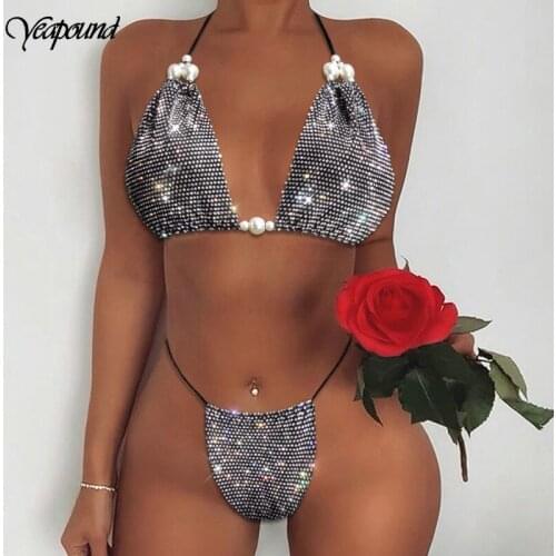 Shiny Bodycon Deep V Neck Two Piece Sets Solid Top+high Cut Shorts Female Suit Casual Beach Wear Backless Pearl Strap Outfits