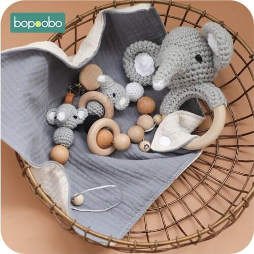 Bopoobo 5PCS Cartoon Elephant Rattle Chain Set Wooden Teether Toys Babies Safty Useful Tool Pacifier Clip Wooden Customized For