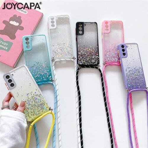 Strap Cord Chain Case For Samsung A52 A72 A51 A71 A50 A32 A12 S21 Plus S20 FE Note 20 Ultra 5G Lanyard Glitter Clear Soft Cover