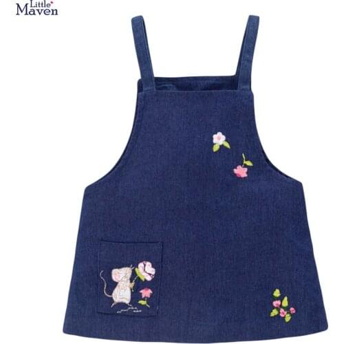 Little Maven Spring Autumn New Children Denim Blue Mouse Applique Jean Knitted Pocket Cotton Girls Casual Suspenders Dresses