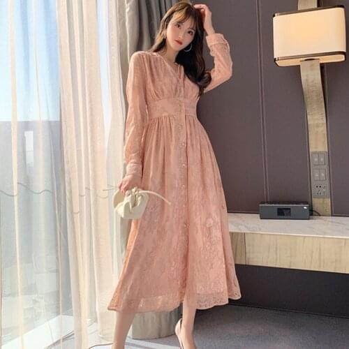 2020 Elegant Retro Spring Lace Dress High End Women Party Dresses Female Fashion V Neck Big Swing Midi Dress Vestidos Robes