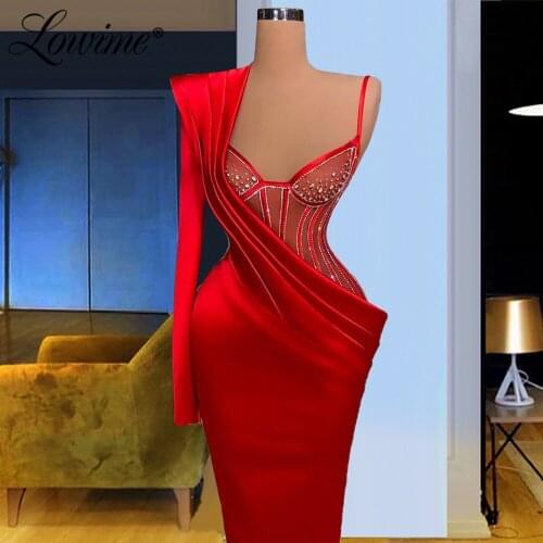 Illusion Red Party Dresses One Shoulder Evening Gown 2021 Custom Made Long Celebrity Dresses With Crystals Prom Dresses Robes