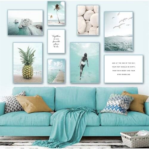 Blue Sea Landscape Wall Art Painting Beach Pineapple Palm Tree Poster White Stone Bridge Canvas Print Pictures Living Room Decor