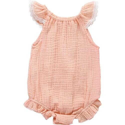 Newborn Baby Girl Lace Ruffled Solid Color Linen Cotton Sleeveless Backless Romper Jumpsuit Outfit Sunsuit
