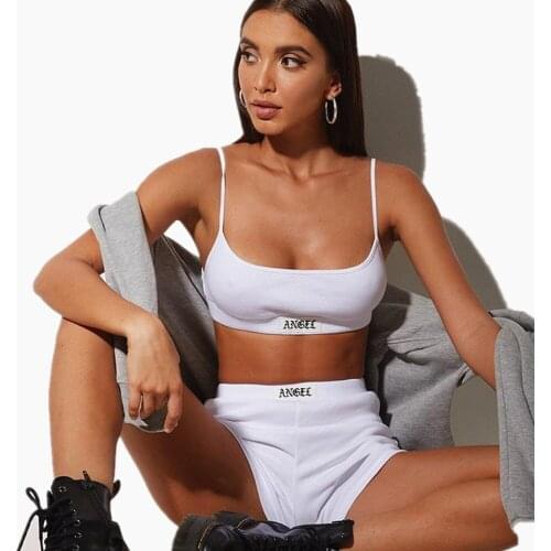 New Sexy Letter Label Rib Knitted Skinny Two Piece Set Women Cropped Camisole Top and Biker Shorts Tracksuit Fitness Gym Outfits