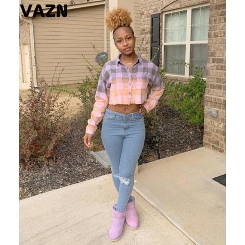 VAZN 2021 Hot Classic Plaid Chiffon Shirts Young High Street Sexy Fashion Full Sleeve Women Slim Short Shirts