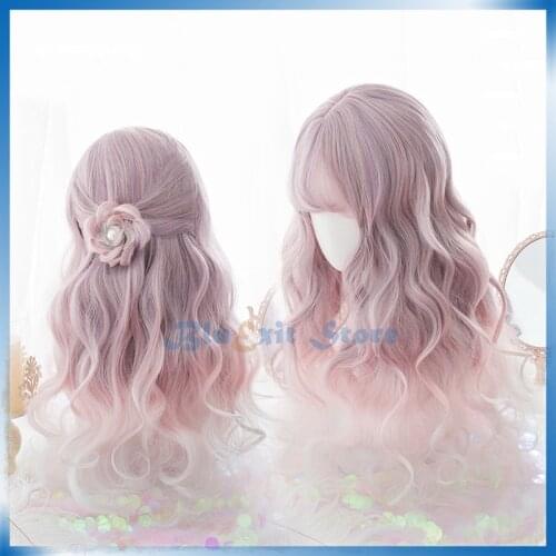 Mixed Pink Beige Lolita Wig Harajuku Long Curly Sweet Cute Synthetic Hair Bangs Adult Girls Cosplay Dailywear