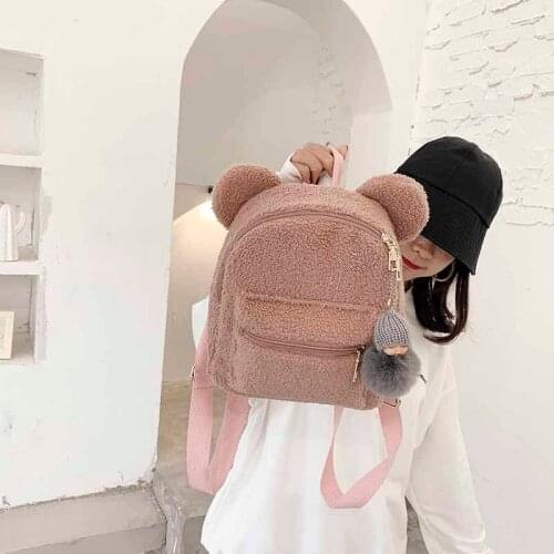 Kawaii Backpack Plush Bear Ears Furry Backpack For Girls 2021 Autum/Winter New Cute Solid Color Faux Fur Women Shoulders Bag