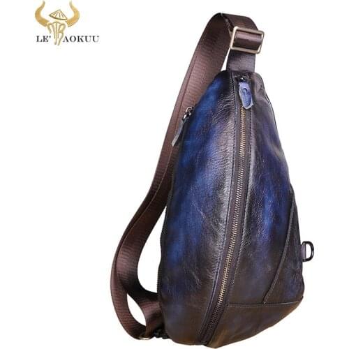 Men Genuine Leather Casual Triangle Chest Sling Bag 7" Tablet Design One Shoulder Bag Fashion Cross-body Bag Day-pack Male 5059