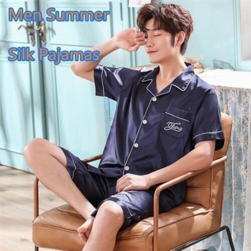 Men Stain Silk Pajama Set pijama hombre verano Summer Mans Sleepwear Short Sleeve Sleep Shirt Home Pants Sexy Nightwear for Men