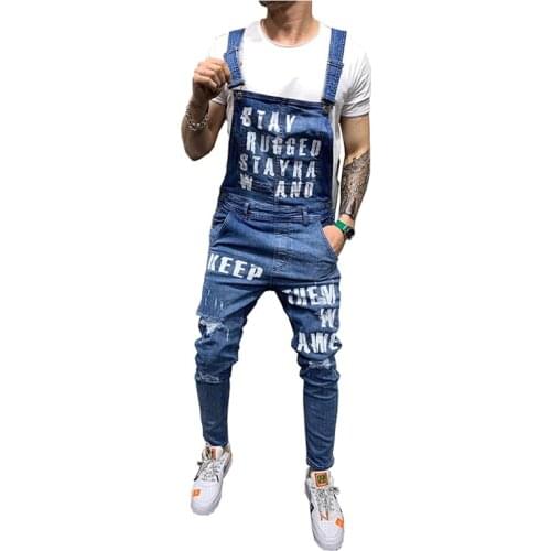 Sokotoo Mens slim letters printed holes ripped stretch denim bib overalls Fashion distressed jeans Suspenders jumpsuits