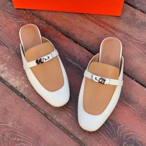 Mental Buckle Mules Women Slippers Genuine Leather Mixed Colors Spring Slides Chic 2021 New Design Luxury Brand Shoes for Women