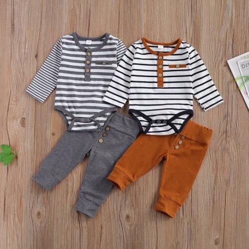 0-18M Newborn Baby Boy Girl Long Sleeve Striped Bodysuit Tops Long Pant Trouser 2PCS Outfits Baby Clothing Set