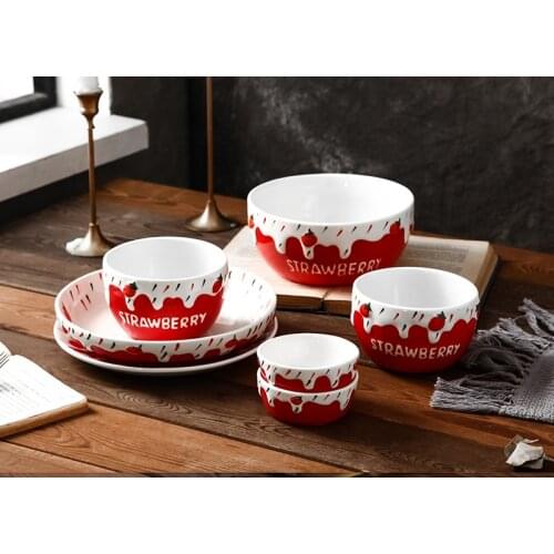 7pcs set, embossed porcelain dinner set plate and bowl set, cute strawberry ceramic dinner set service, crockery servies borden