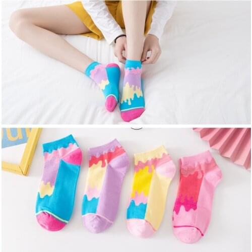 Korean Style Short Socks Women Cute Sweet Fashion Harajuku Colorful Splash Ink Milk Ice Cream Summer Novelty Cotton Ankle Socks