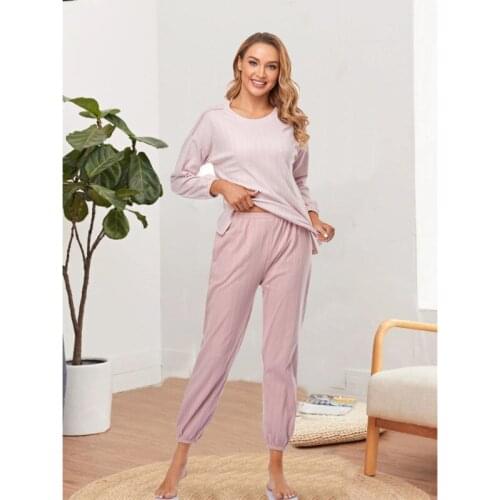 Pure Color Womens Home Service Pajamas Simple Round Neck Long Sleeve 2-piece Basic Loose Pijama Mujer Wm