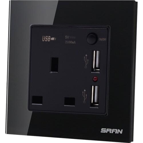 Crystal Glass Panel USB Charge Port 2.1A Wall Charger LED Indicator 13A UK Socket Switch Power Outlet Black Color 1 2 3 4 Gang