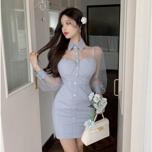Summer New Fashion Hollow-out Lapel Mesh Long Sleeve Sexy Dress Women Vestido Feminino