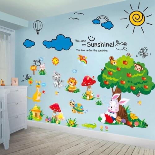 [shijuekongjian] Turtle Rabbit Tree Animal Wall Stickers DIY Cartoon Clouds Wall Decals for Kids Bedoom Baby Room Decoration