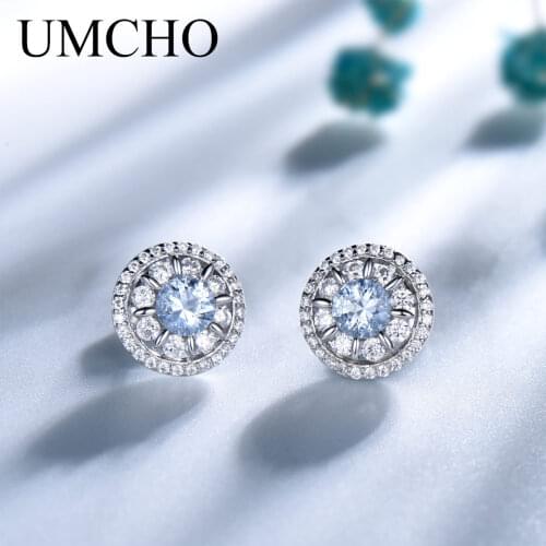 UMCHO 925 Sterling Silver Stud Earrings For Women Sky Blue Topaz Gemstone Earrings Wedding Engagement Gift Fine Jewelry
