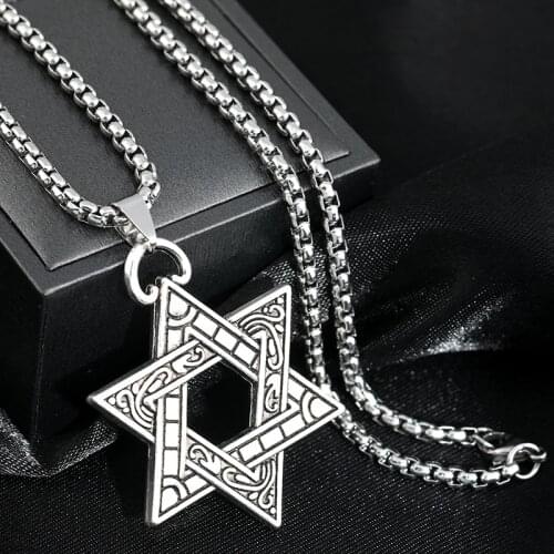 Vintage Solomon Seal Hexagonal Star Pendant Stainless Steel Mens Necklace Carved Celtic Symbol Amulet Jewelry