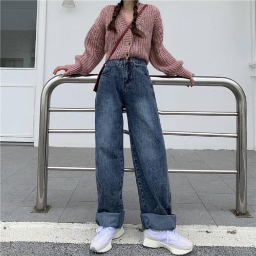 Woman Jeans High Waist Harajuku Straight Pants Clothes Blue Vintage Wide Leg Denim Clothing Straight-Leg Pants Mom Jeans