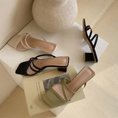 Candy narrow band ladies slippers shoes women square toe chunky med high heels flipflops fresh open toe slides beach shoes woman