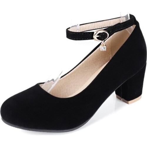 Big Size ladies high heels women shoes woman pumps Rough-heeled buckle square and round-headed shallow opening