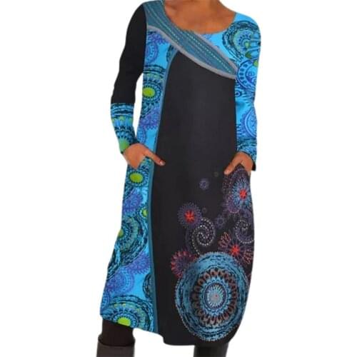 Retro Print Women Dress Side Pockets Ethnic Style Vintage 2021 Autumn Winter Plus Size O-Neck Midi Dresses Streetwear