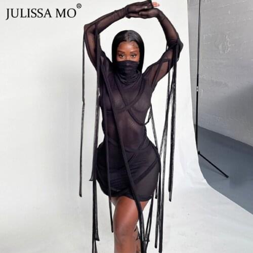 Julissa Mo Sexy Mesh See Through Turtleneck Dress For Women 2021 Long Sleeve Bandage Mini Dresses Black Club Wear Vestidos New