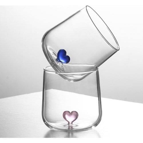 Ins Hot 350mlBorosilicate Glass Water Cup Pink Blue Heart Shape Bottom Milk Juice Drinks Glasses