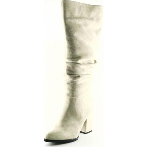 Kadın Bej Süet Körüklü Uzun Bot Çizme Kalın Topuklu Yuvarlak Burun Yeni Sezon Süper İndirim