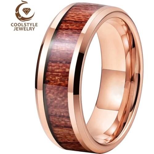 Men Women Tungsten Carbide Ring Rose Gold Wedding Band With Nature Koa Padauk Wood Inlay Comfort Fit