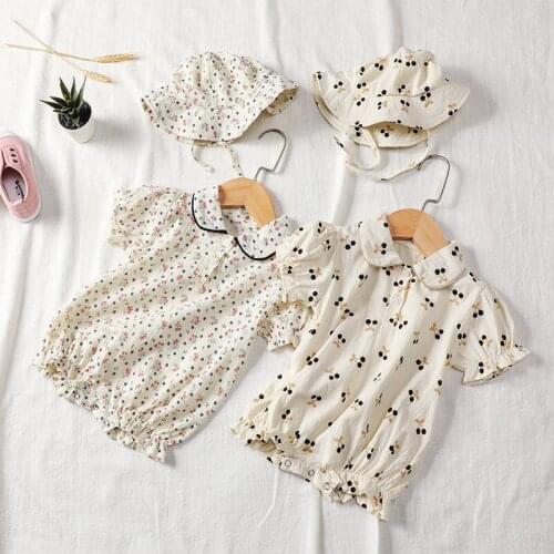Baby Girl Romper Summer Short Sleeve Cotton Floral Cherry Print Bodysuit with Hat Soft Comfortalbe Baby Clothing Outwear
