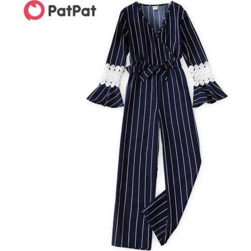 PatPat Kid Girl Striped V Neck Lace Decor Bell sleeves Jumpsuit