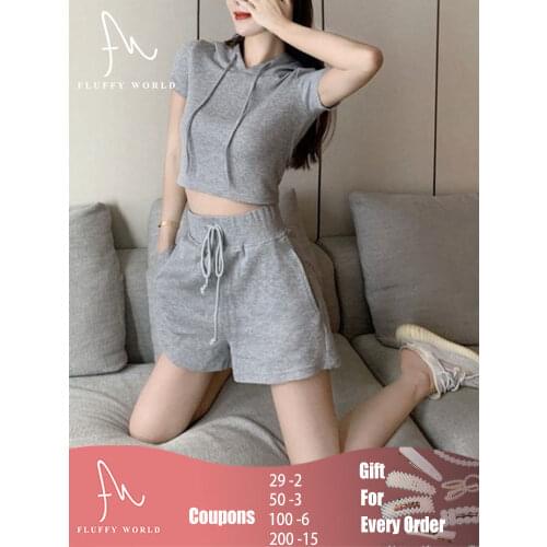 Summer Tracksuits Womens Two Peices Set Hooded Sweatshirts 2021 Female Clothing Loose Shorts Candy Color Clothing FLUFFY WORLD