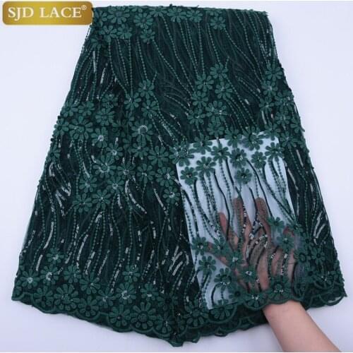 SJD LACE Green African Lace Fabric Floating Flower Sequins Milk Silk Lace High Quality French Tulle Lace Fabric For WeddingA1805