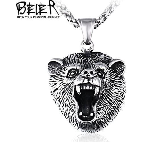 Beier 316L stainless steel Norse Viking Pendant Necklace Bear head animal fashion Scandinavian odin amulet men jewelry LHP149